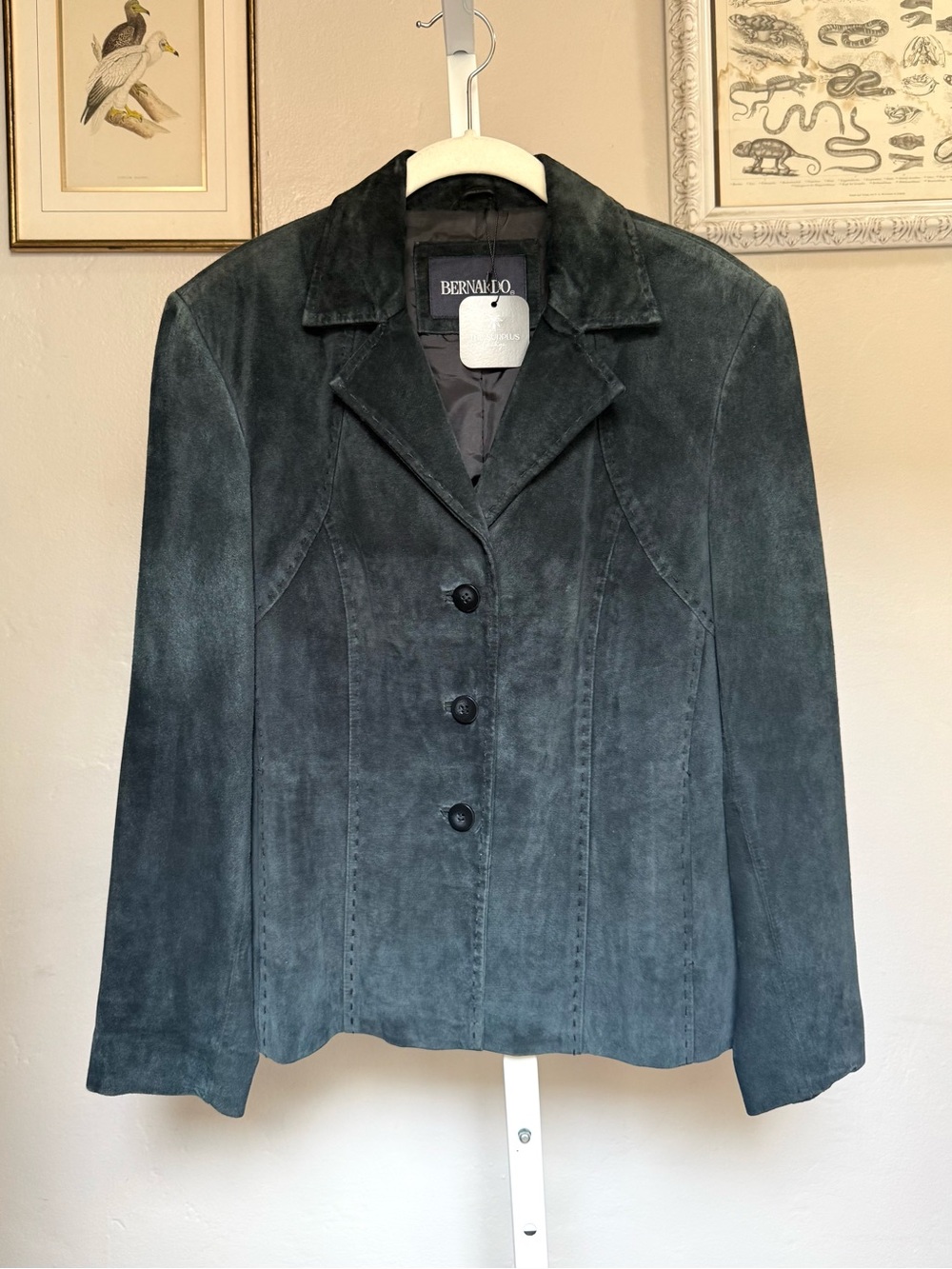 Vintage Y2K Fitted Bernardo Black Suede Leather Button-Front Jacket Size Med